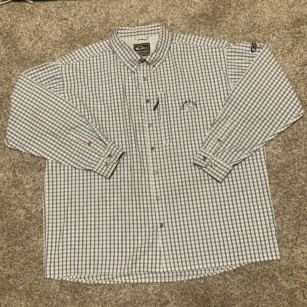 Drake Shirt Mens 2XL Blue White Plaid Button Down Long Sleeve Fishing Outdoors